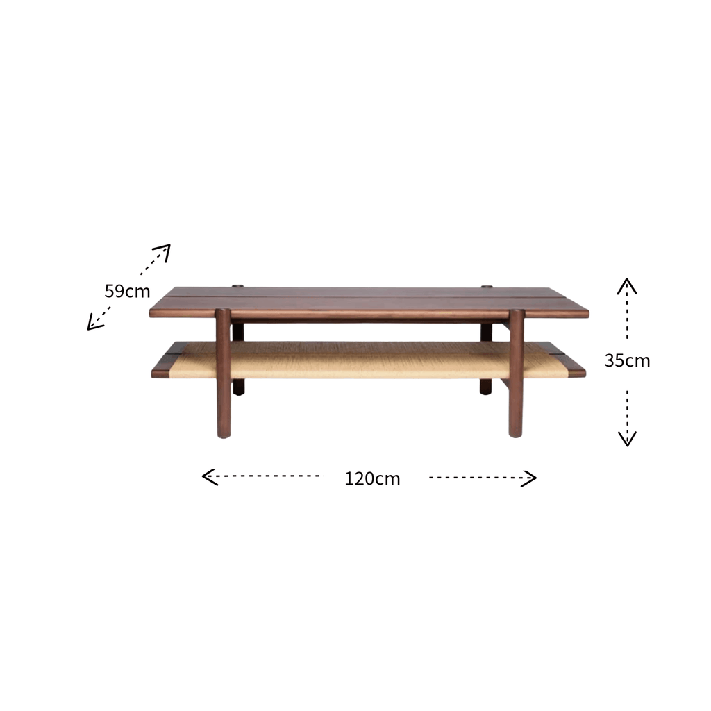 A wooden two-tier coffee table with dimension annotations showing a width of 120cm, a height of 35cm, and a shelf depth of 59cm on a plain white background.
