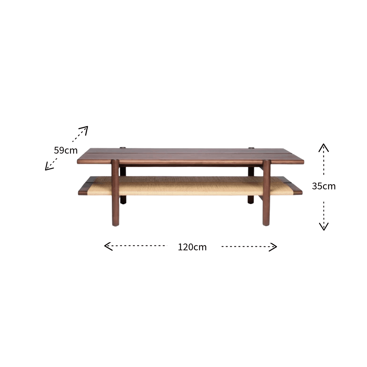 A wooden two-tier coffee table with dimension annotations showing a width of 120cm, a height of 35cm, and a shelf depth of 59cm on a plain white background.