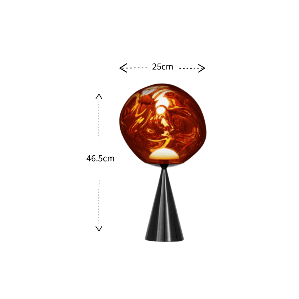A table lamp with a round amber glass shade and a black cone-shaped base, shown on a white background with dimension arrows and labels indicating 46.5 cm height and 25 cm width.