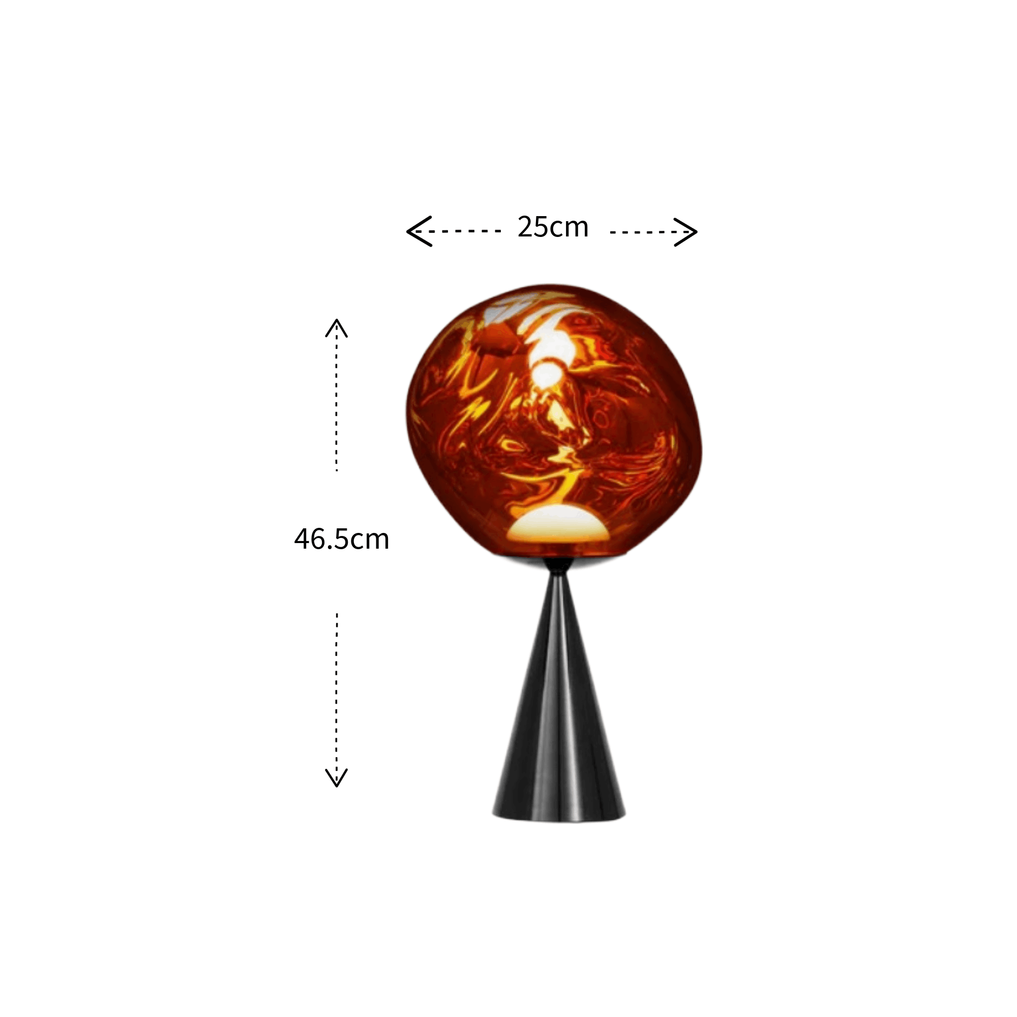 A table lamp with a round amber glass shade and a black cone-shaped base, shown on a white background with dimension arrows and labels indicating 46.5 cm height and 25 cm width.