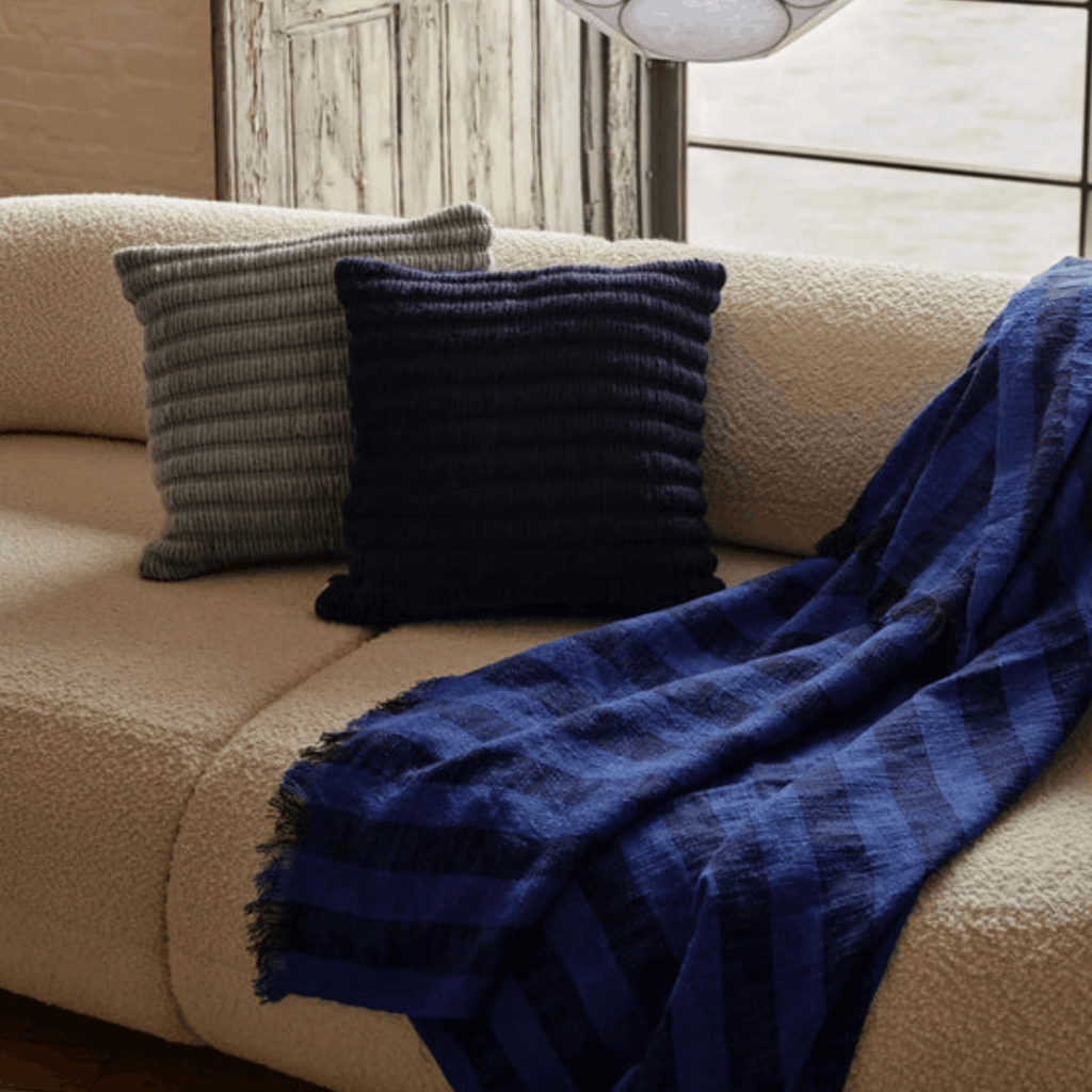 Beige sofa with blue plaid throw and dark blue pillow in a cozy living room setting.