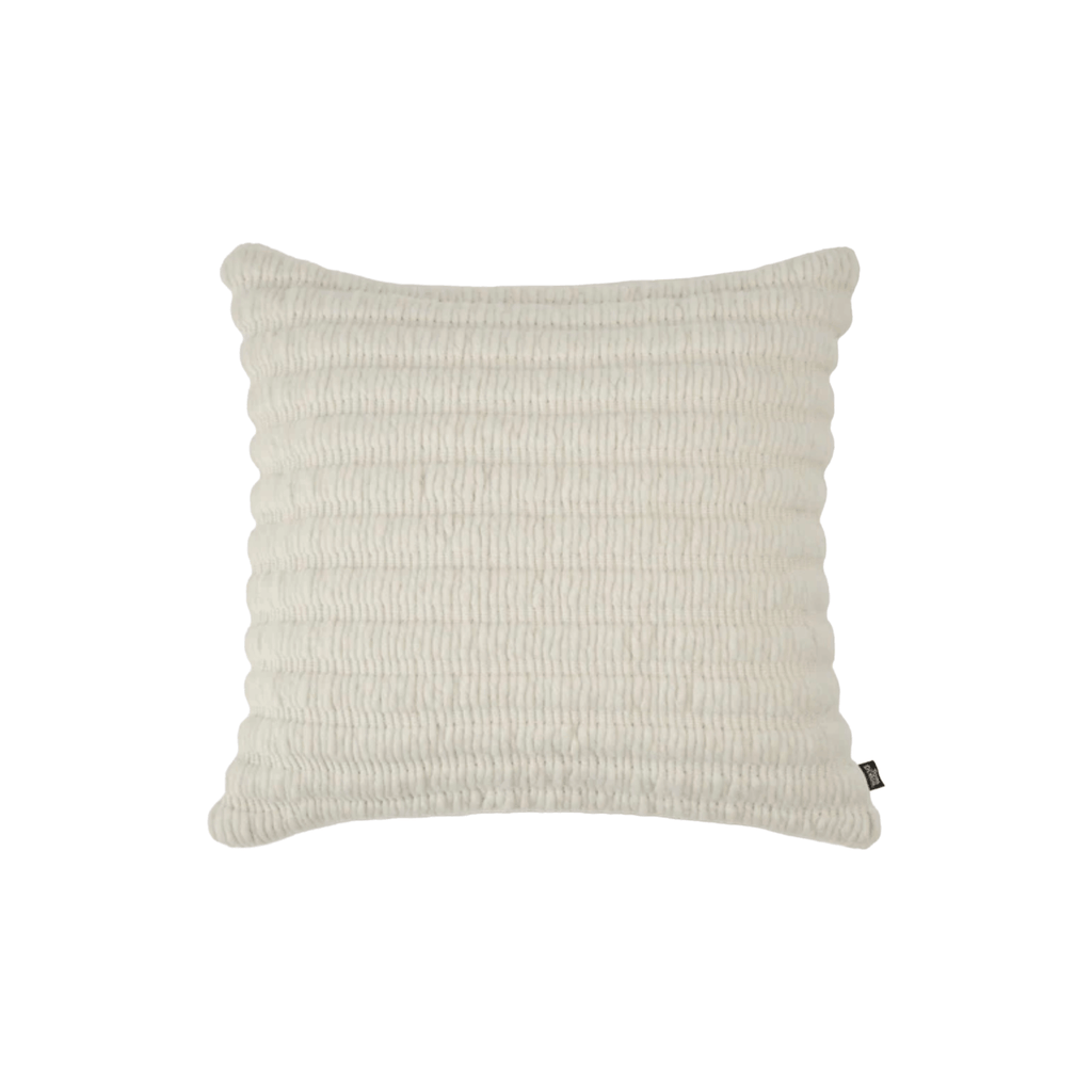 Luxury decorative cushion by Tom Dixon, handcrafted from New Zealand wool and cotton with a textured ridged design.