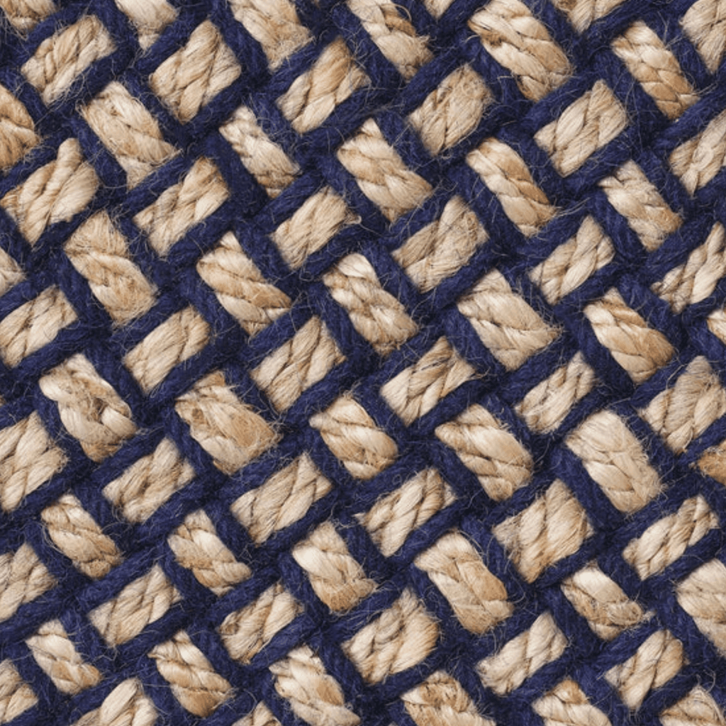 Close-up of a Tom Dixon weave rug with thick braided natural beige twine and dark navy blue yarn forming a repeating basketweave design.