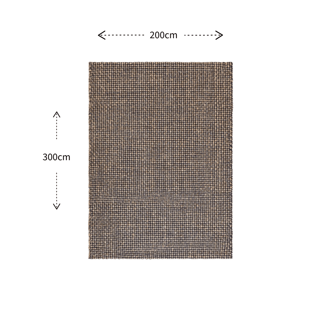A rectangular woven rug or mat shown on a white background with dimension arrows and labels indicating 200 cm width and 300 cm height.