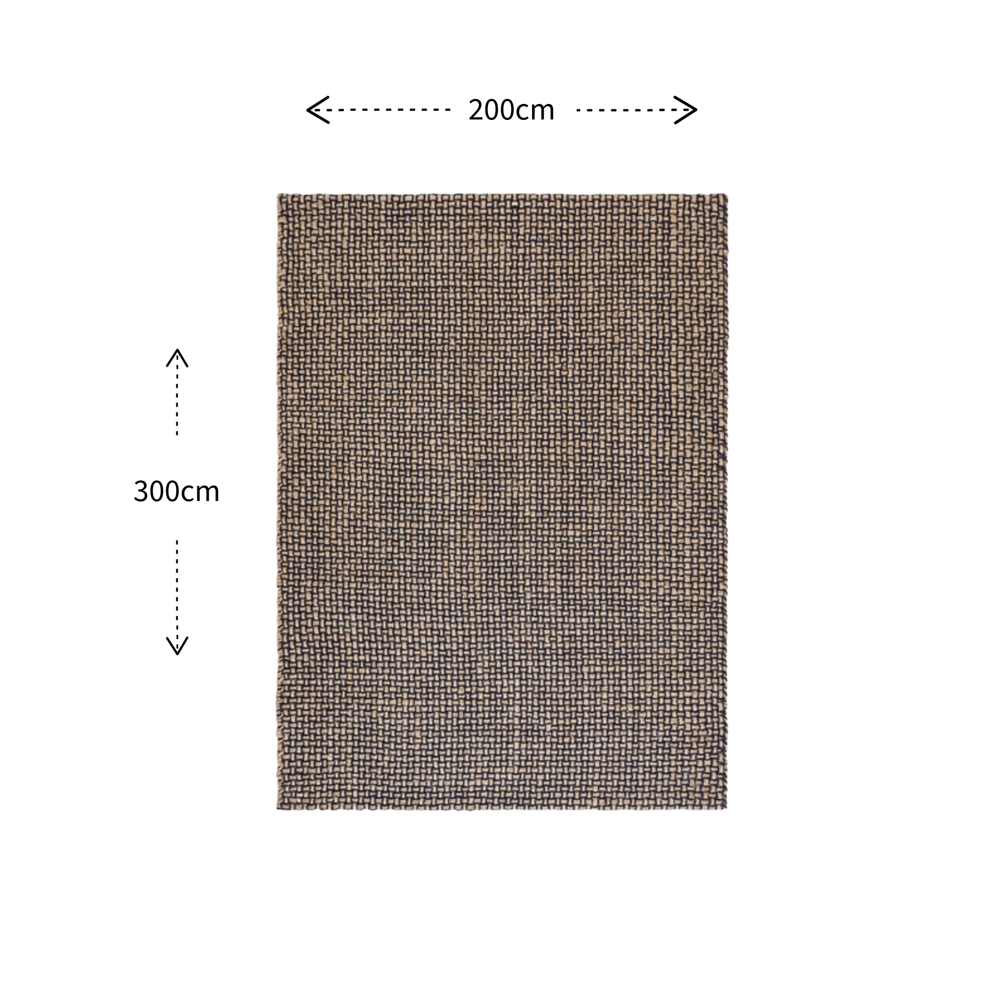 A rectangular woven rug or mat shown on a white background with dimension arrows and labels indicating 200 cm width and 300 cm height.