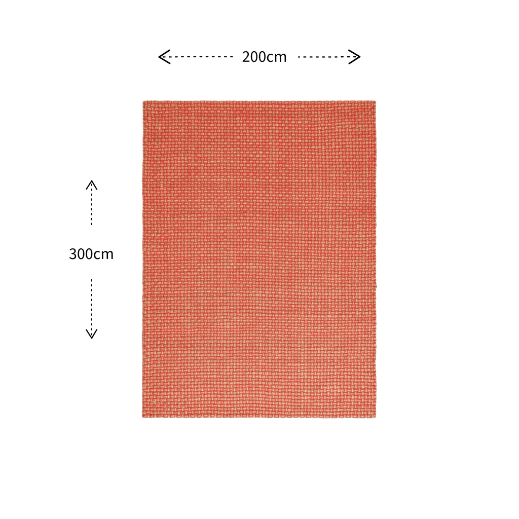 A rectangular woven rug or mat in a warm terracotta orange color, shown with dimension arrows indicating 200 cm by 300 cm on a plain white background.