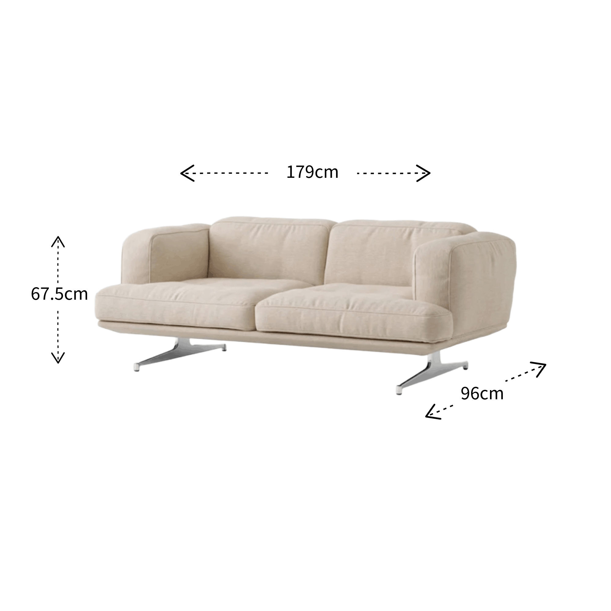 A light beige upholstered two-seater sofa with metal legs, shown on a white background with dimension arrows and labels indicating width 179cm, height 67.5cm, and depth 96cm.