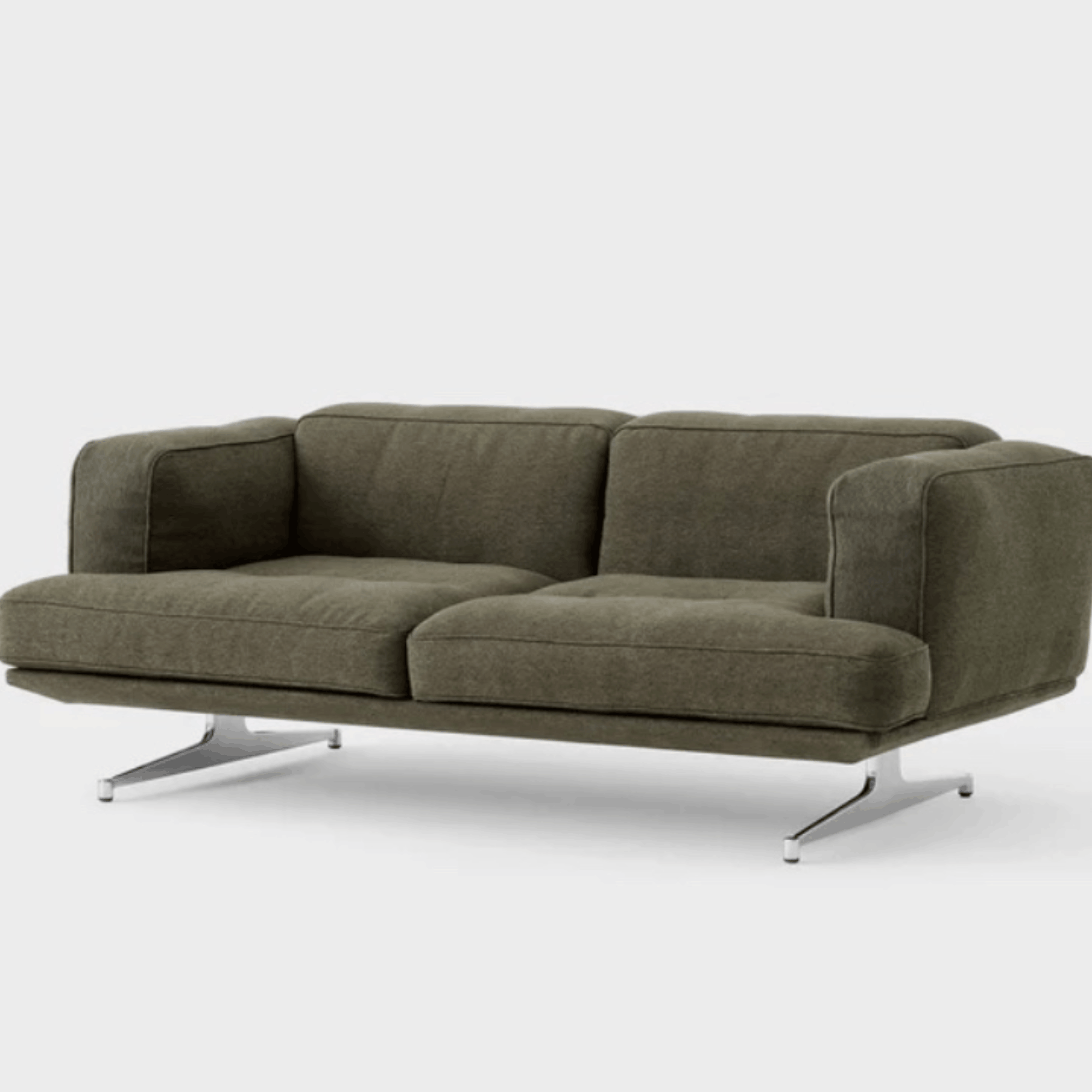 The &Tradition AV22 Inland 2 Seater Sofa in Clay 0014 combines premium fabric upholstery, polished aluminium legs and timeless Scandinavian design for luxurious everyday comfort.