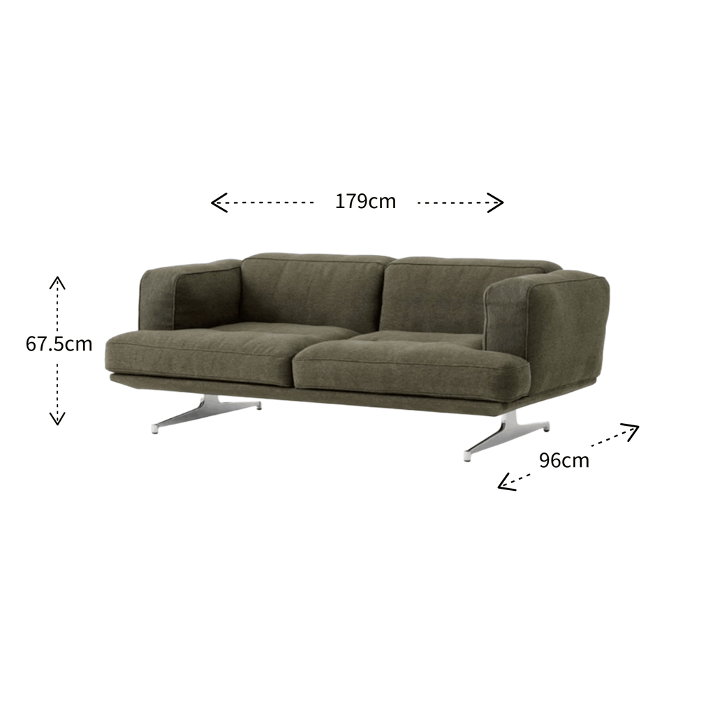 A three-seat upholstered sofa shown on a white background with dimension callouts indicating 179 cm width, 67.5 cm height, and 96 cm leg depth.