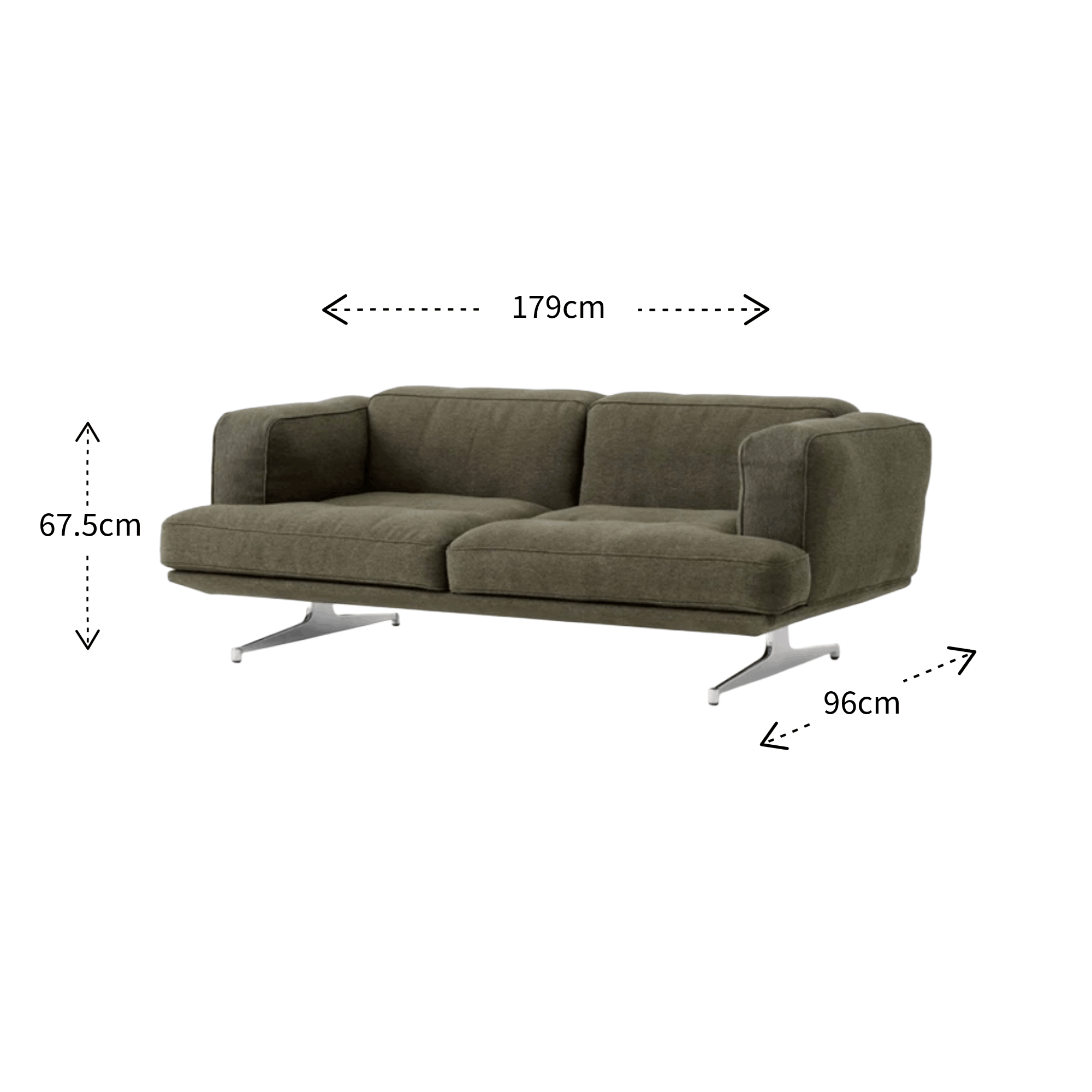 A three-seat upholstered sofa shown on a white background with dimension callouts indicating 179 cm width, 67.5 cm height, and 96 cm leg depth.
