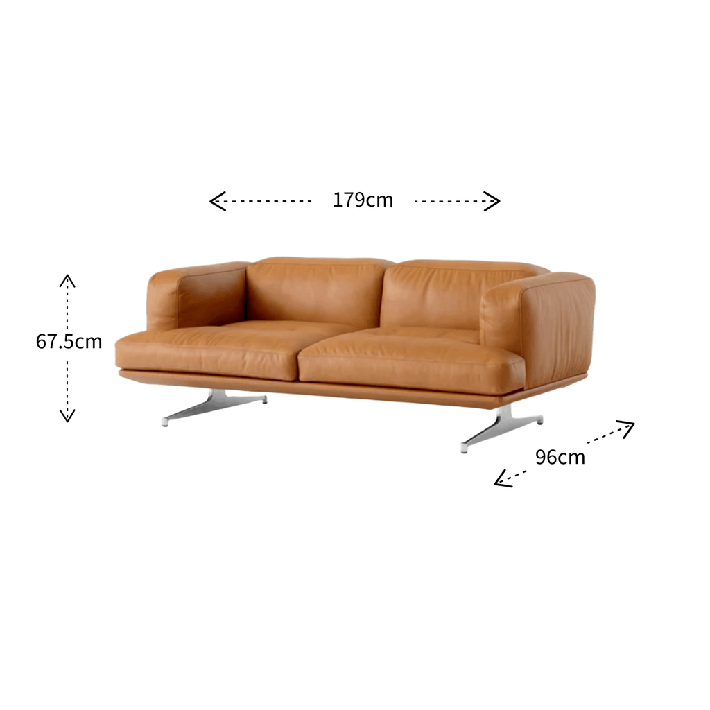 A tan leather three-seat sofa with slim silver metal legs, shown on a white background with dimension arrows and labels indicating width 179cm, height 67.5cm, and depth 96cm.
