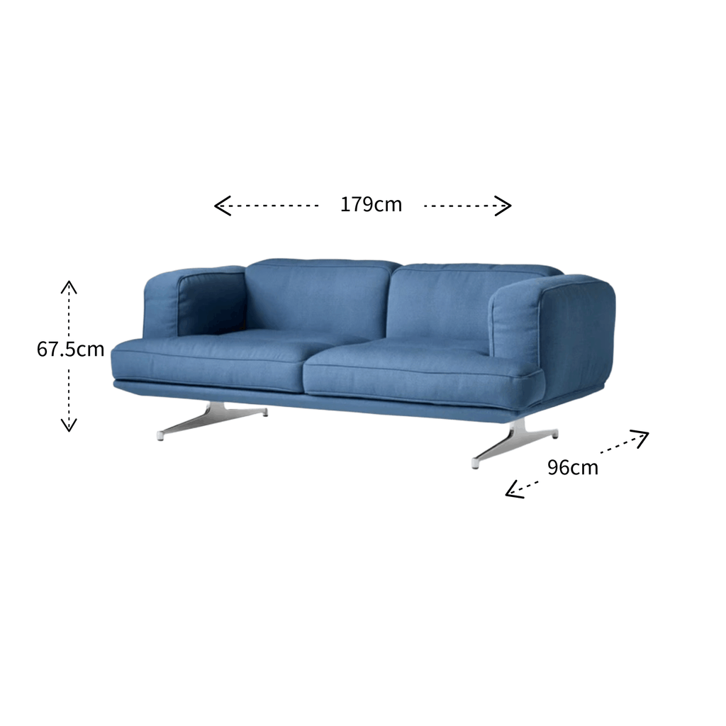 Blue upholstered sofa with dimension callouts showing width 179cm, height 67.5cm, and depth 96cm on a white background.
