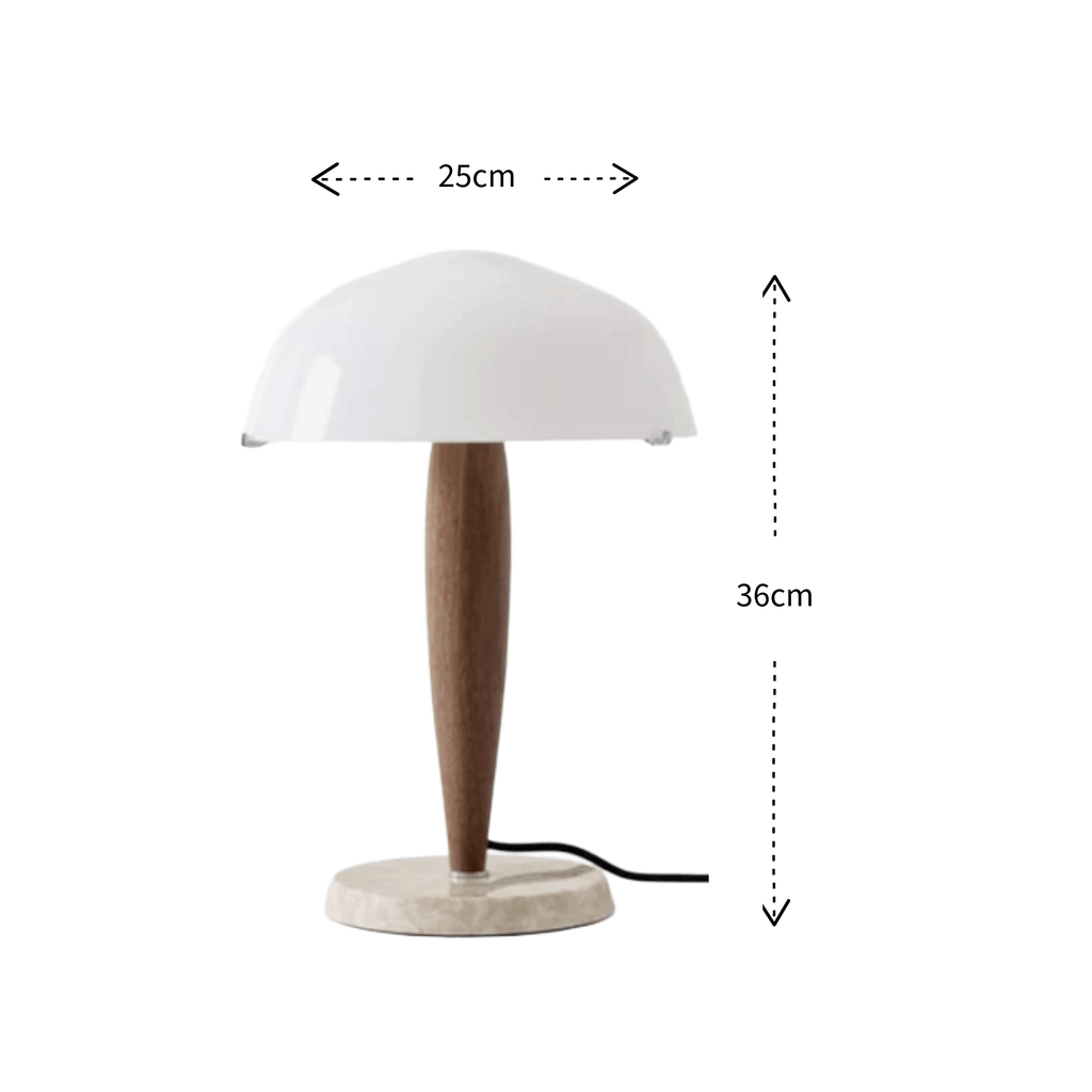 A table lamp with a white dome-shaped shade, a tapered brown wooden stem, and a round light stone base, shown on a white background with dimension arrows and labels indicating 25 cm width and 36 cm height.