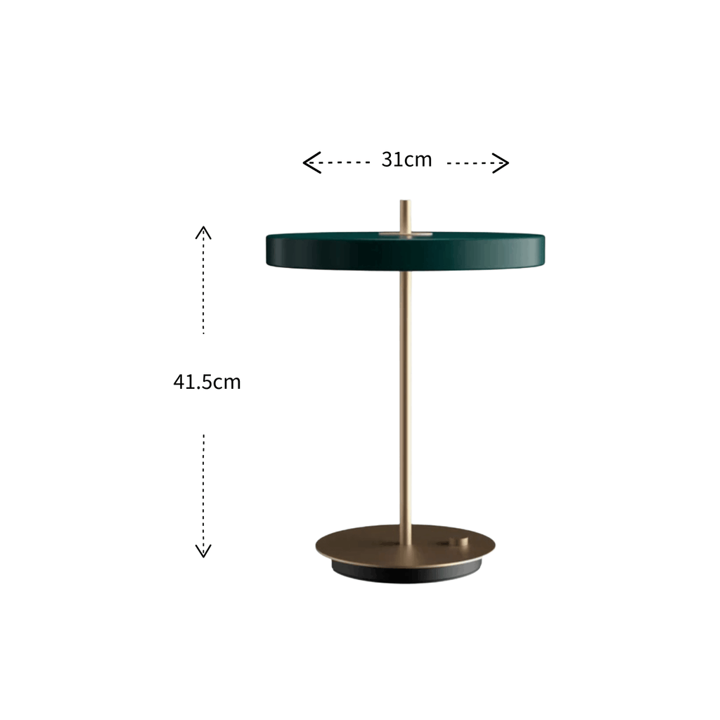 A modern table lamp with a dark green circular shade, a slim brass-colored central stem, and a round bronze base, shown on a white background with dimension labels indicating 31 cm width and 41.5 cm height.