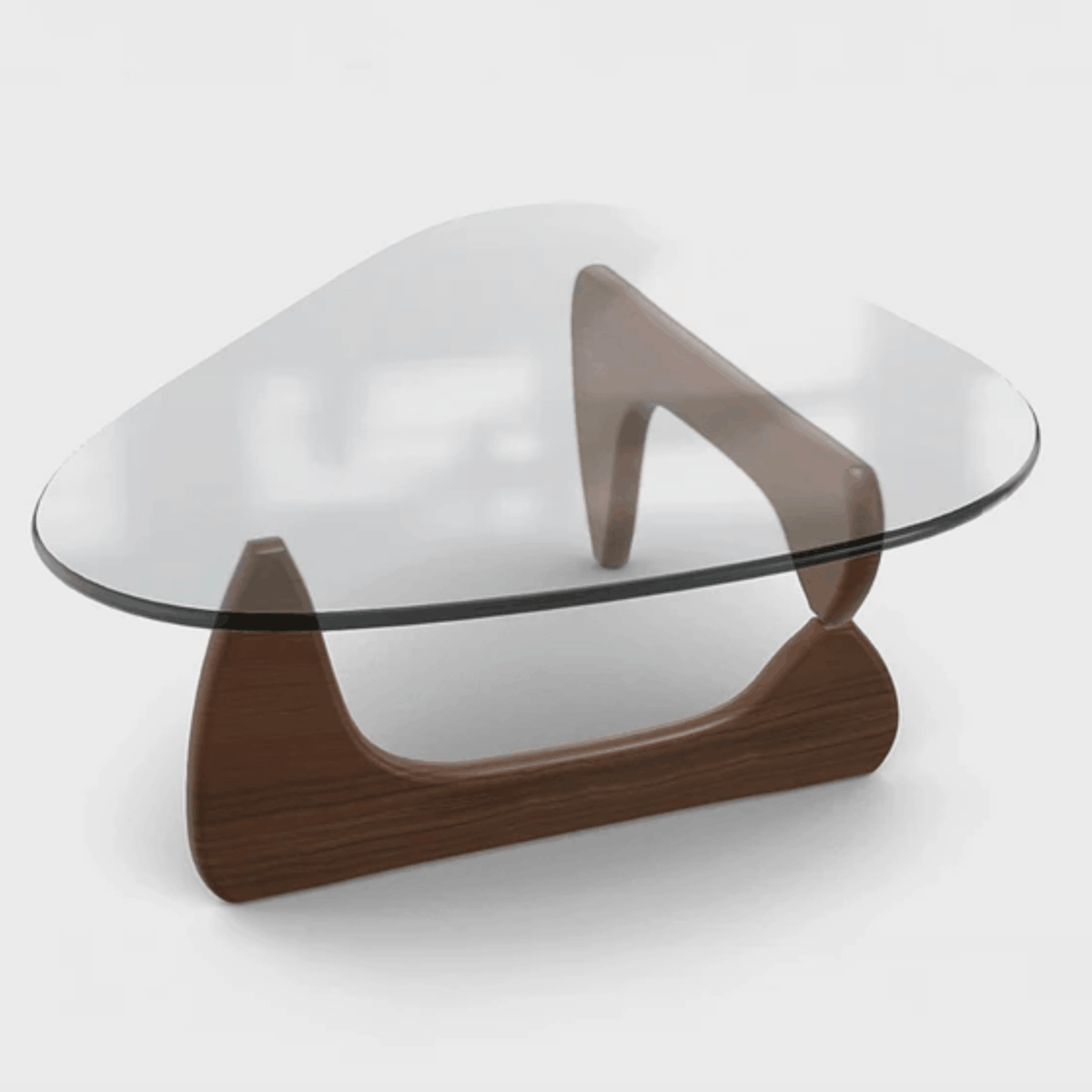 Vitra Coffee Table by Isamu Noguchi in walnut with sculptural interlocking wooden base and curved clear glass top.
