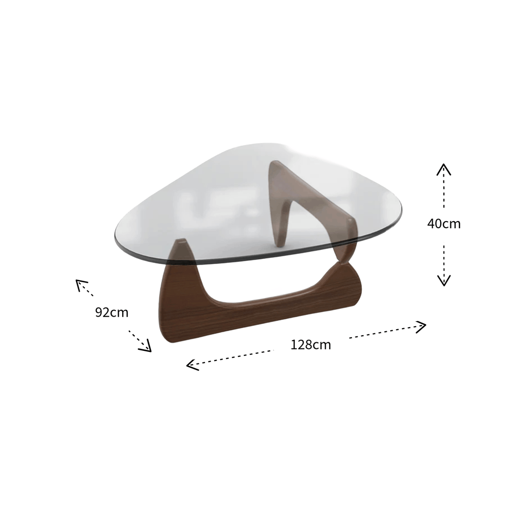 Vitra Coffee Table by Isamu Noguchi on a white background with size dimension arrows showing the Width at 92cm, the Height at 40cm and the Length at 128cm.