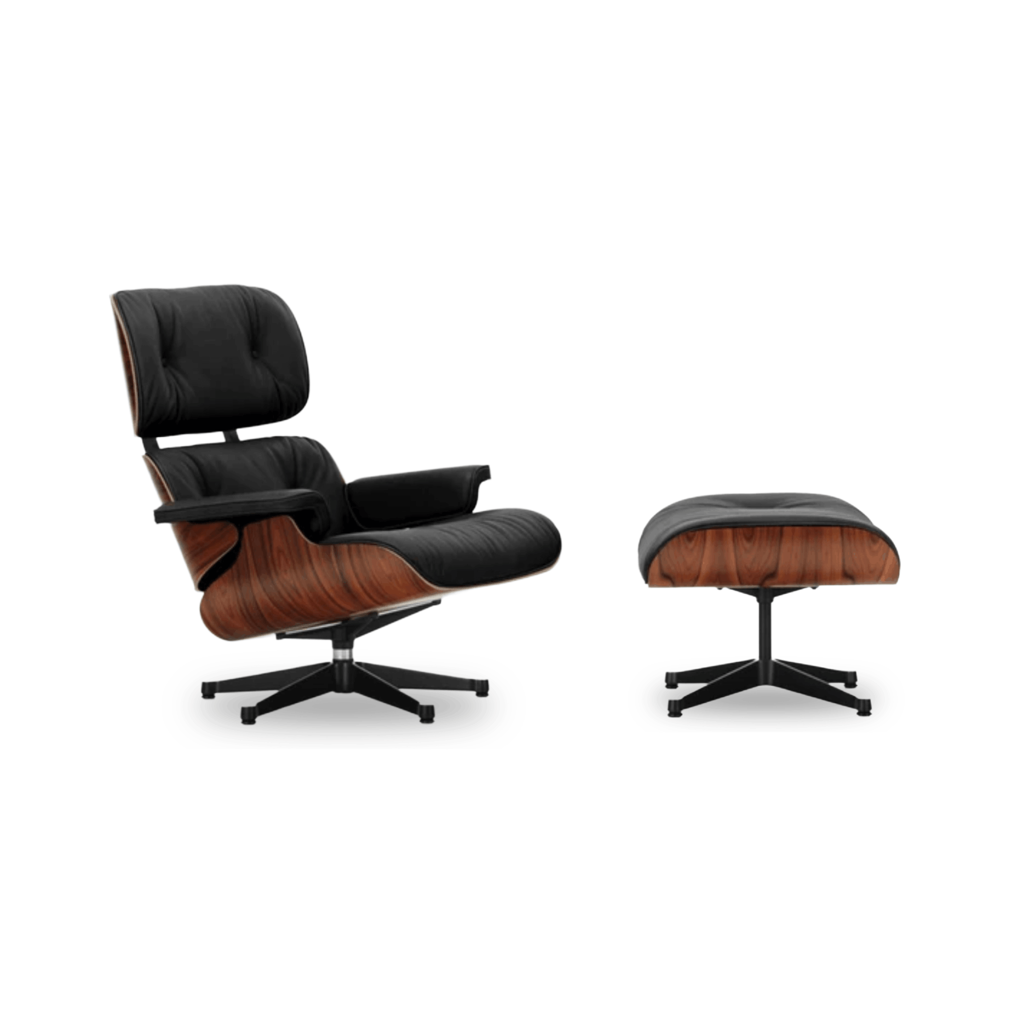 Designed by Charles and Ray Eames, this Vitra Lounge Chair and Footstool features leather upholstery, wood veneer shells, and iconic mid-century style.
