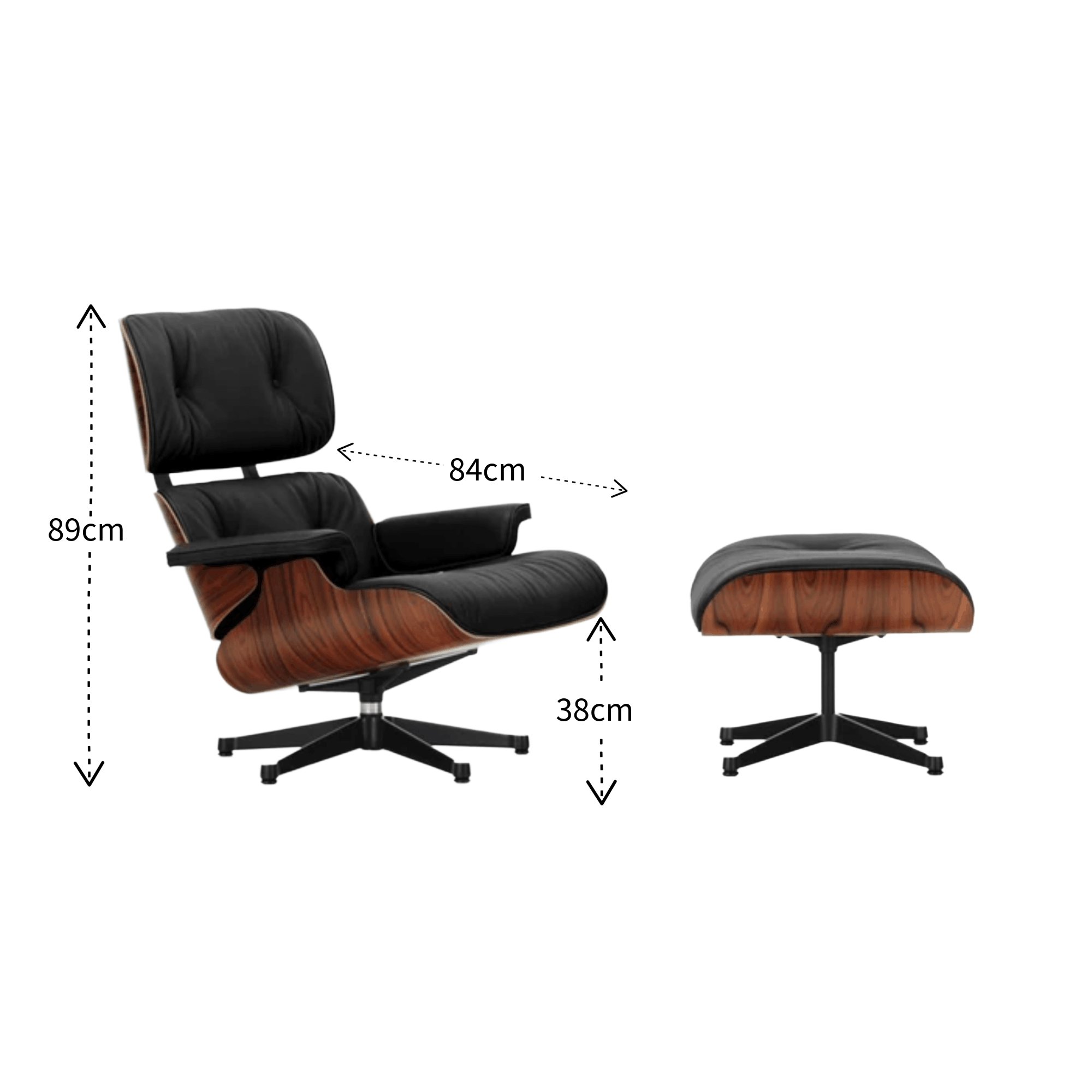 Eames-style lounge chair and ottoman with dimensions on a white background
