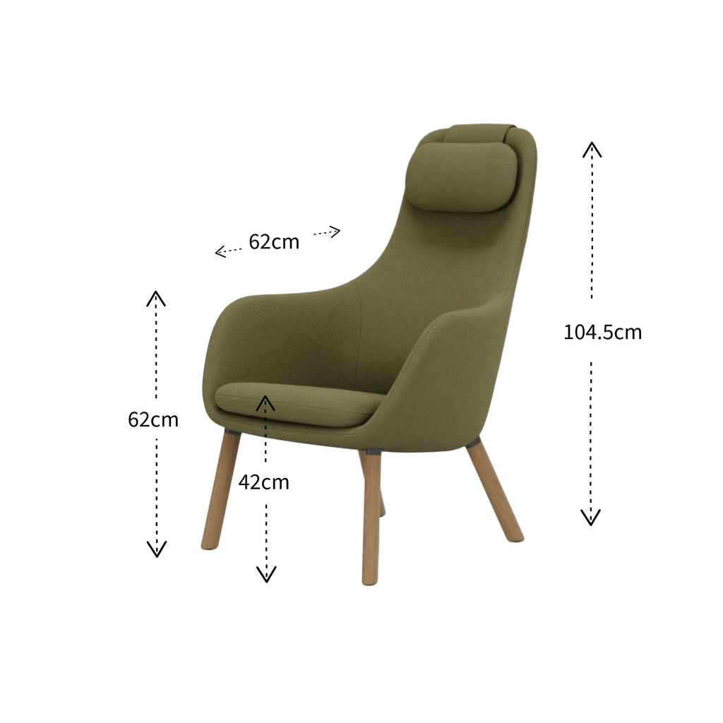 Green armchair with dimensions marked on a white background