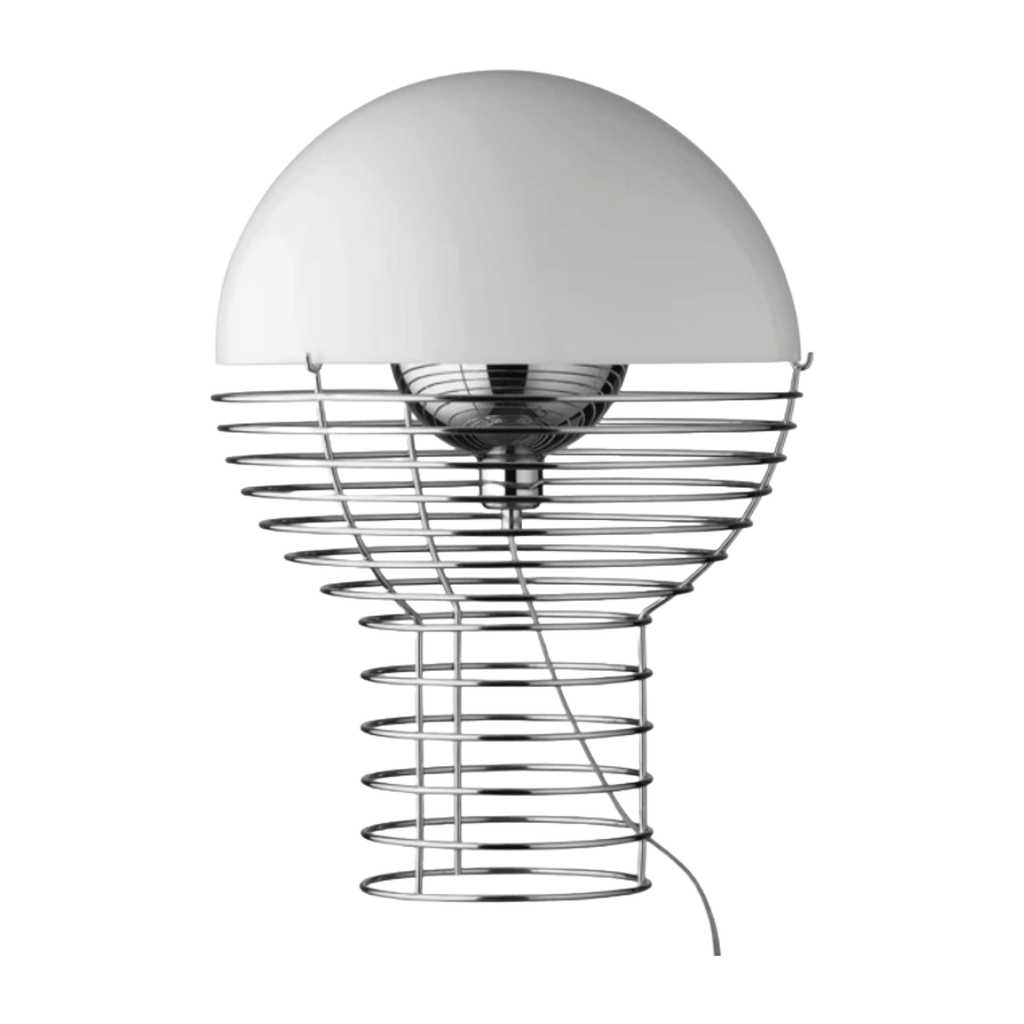 Wire Table Light by Verner Panton featuring a sculptural chrome wire frame and iconic hemispherical design, perfect for modern and mid-century interiors.