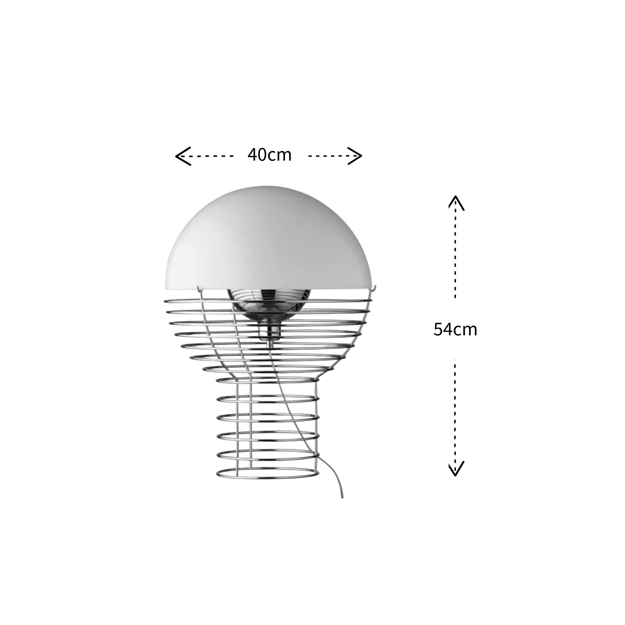 A modern table lamp with a white dome shade and a wire spiral base, shown with dimension arrows and labels indicating 40cm width and 54cm height on a white background.