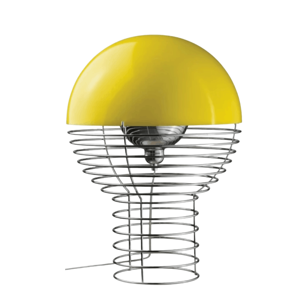 Wire Table Light by Verner Panton featuring a sculptural chrome wire frame and iconic hemispherical design, perfect for modern and mid-century interiors.