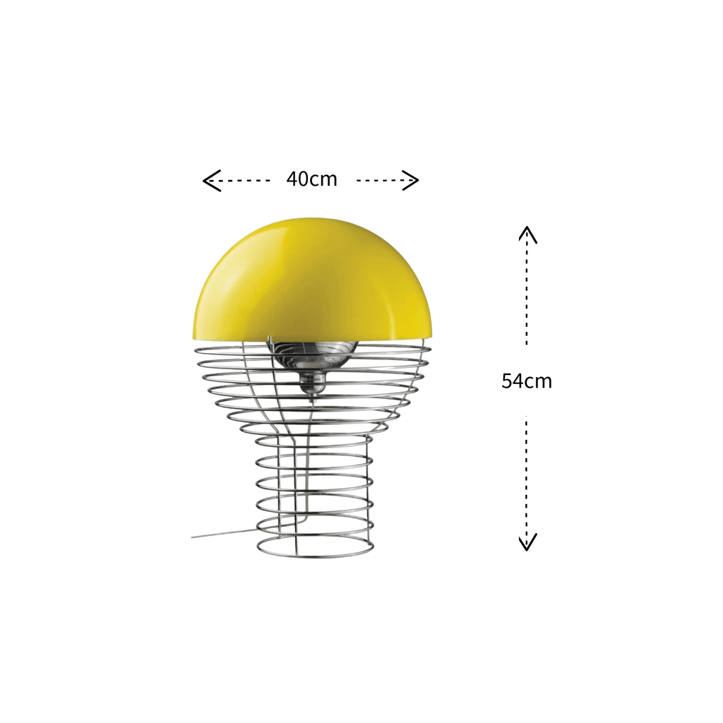 A yellow dome-shaped table lamp with a spiral metal base, shown on a white background with dimension arrows and labels indicating 40cm width and 54cm height.