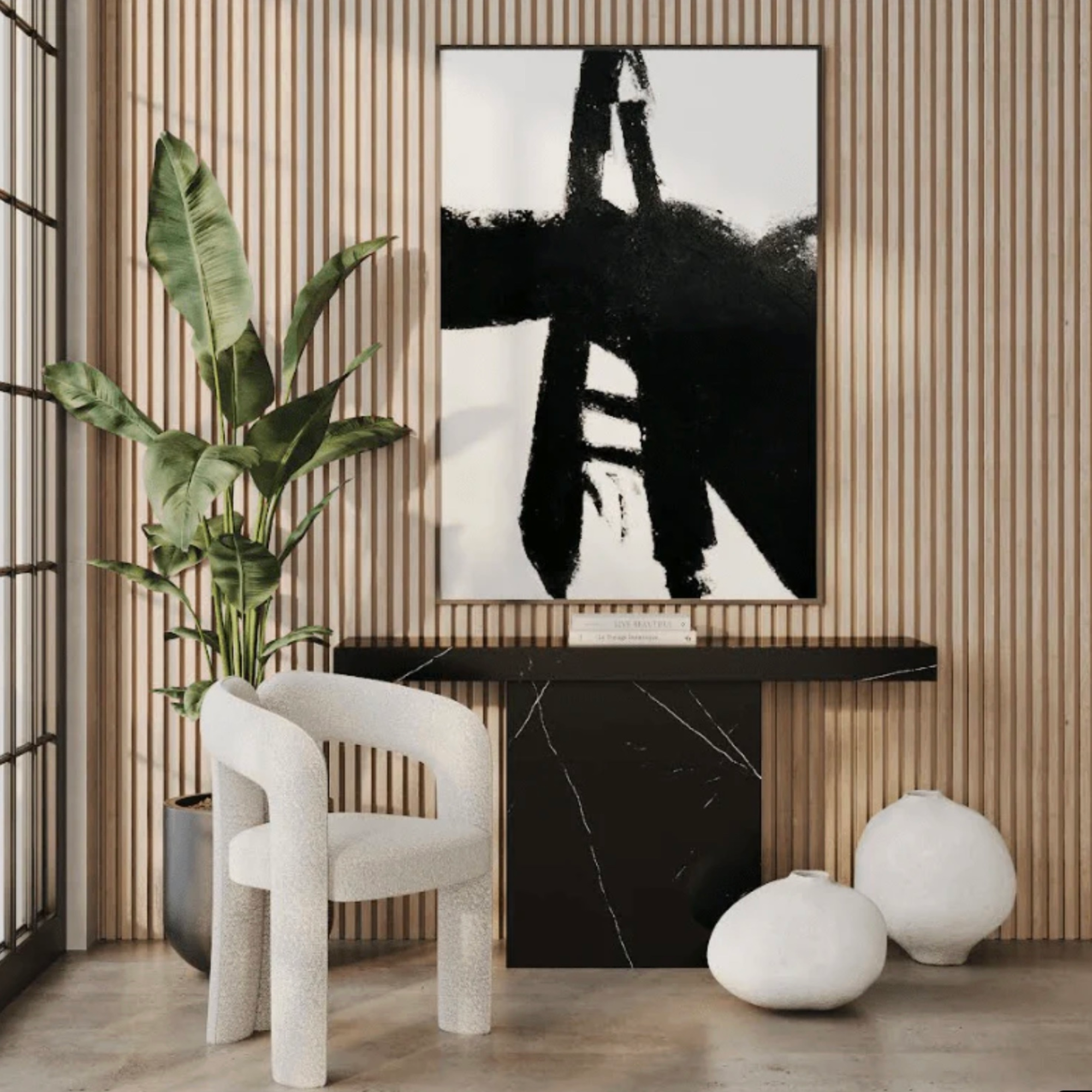 Large contemporary black and white wall art with hand-painted textured canvas and black frame, designed for modern living spaces.